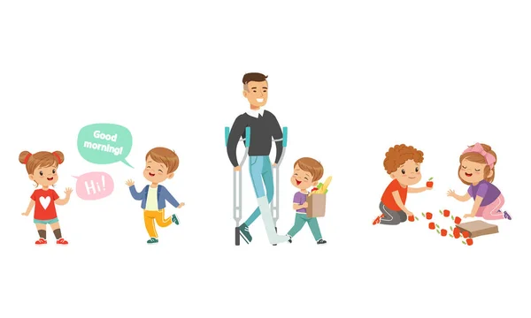 Gentile ragazzo trasporto Shopping Bag aiutare l'uomo disabile e saluto Vector Illustration Set — Vettoriale Stock