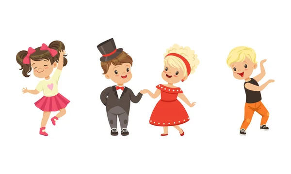 Pequeño niño y niña bailando en parejas y moviéndose a la música Vector Illustration Set — Archivo Imágenes Vectoriales