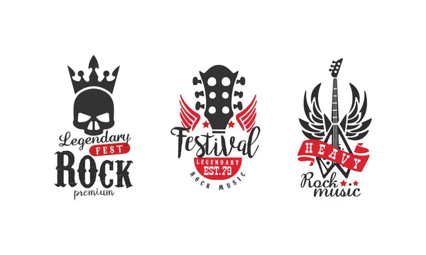 Legendary Rock Fest Logo Templates Set, Heavy Rock Music Festival Retro Badges k Vector Illustration — Stock Vector