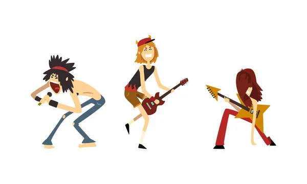 Rock MusiciansPersonagens Set, Rock Singer e Guitarristas com Instrumentos Musicais Cartoon Vector Ilustração — Vetor de Stock