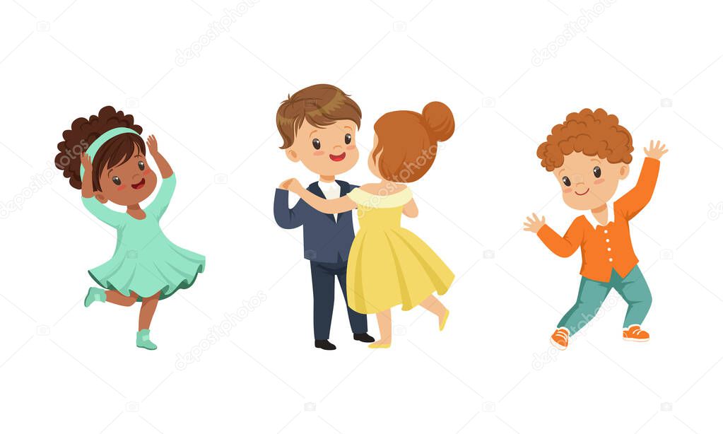 Little Boy and Girl Dancing in Pairs and Moving to Music Vector Illustration Set
