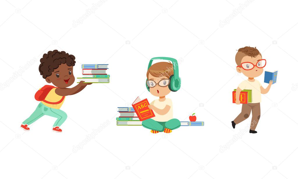 Cute Little Kids with Pile of Books Studying and Learning Gaining Knowledge Vector Set