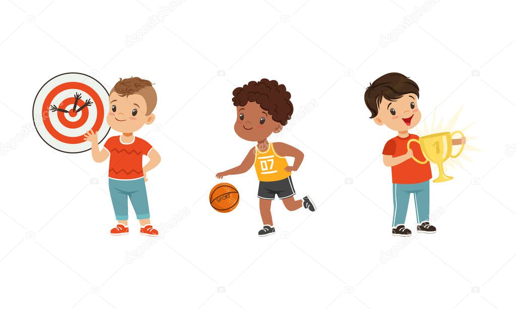 Little Boy Playing Sport Game and Obtaining Prize Vector Set