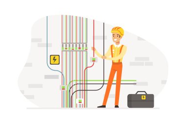 Tebessüm Adam Elektrikçi Elektrik Kablosu İllüstrasyonunun Bakımı ve Tamirine Başladı