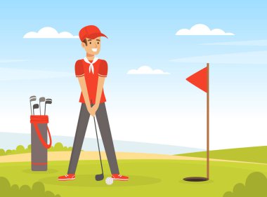 Neşeli Erkek Golf Oynuyor Kulüpte Vektör İllüstrasyonuyla Top Deliğine Vuruyor
