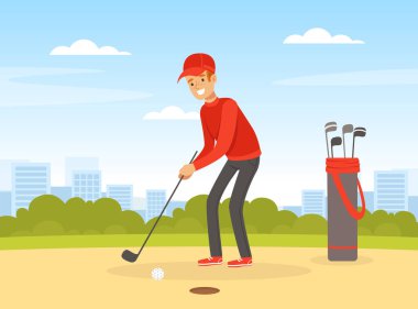 Neşeli Erkek Golf Oynuyor Kulüpte Vektör İllüstrasyonuyla Top Deliğine Vuruyor