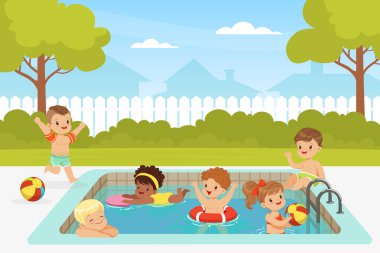 Heyecanlı Çocuklar Yüzme Havuzunda Su Sıçratıyor Yazın Keyifli Tatil Etkinliği İllüstrasyonları