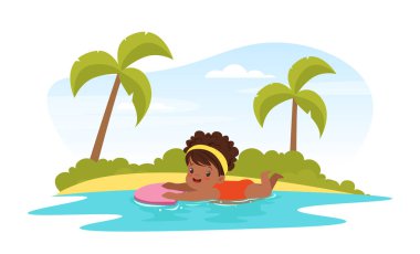 Deniz kıyısında Yüzme Kurulunda Yüzen Mutlu Kız Yaz Kampı Etkinlik İllüstrasyonunun Keyifli Yüzücüsü