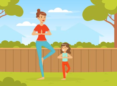 Genç Anne ve Kızı Yoga Pozu 'nda Arka Bahçe Vektör İllüzyonunda Duruyorlar
