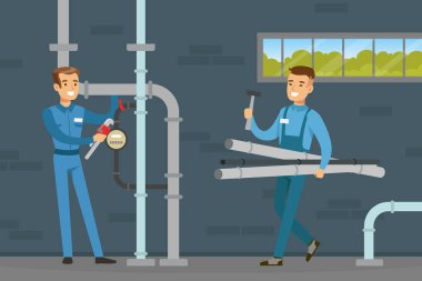 Young Man Plumber Wearing Blue Overall Fixing Tubes and Pipe Lines Vector Illustration clipart