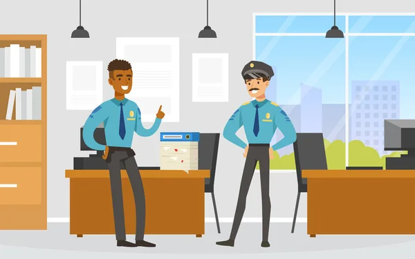 Un policier ou un policier en tant qu'employé de droit mandaté au bureau de police se parlant entre eux Illustration vectorielle — Image vectorielle
