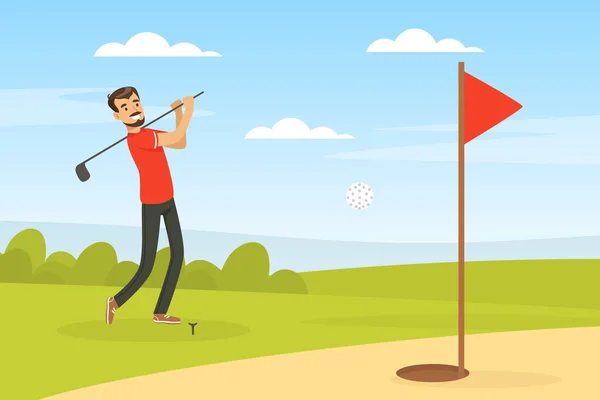 Vrolijke man golfen raken bal in gat met Club Vector Illustratie — Stockvector