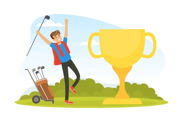 Joven macho con club de golf animando sobre ganar el premio Vector Illustration — Archivo Imágenes Vectoriales