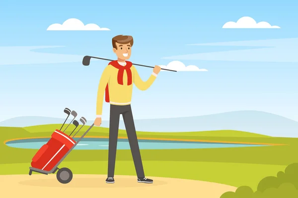 Fröhliche männliche Zugtasche mit Golfschlägern zum Spielen auf dem Fairway Vector Illustration — Stockvektor