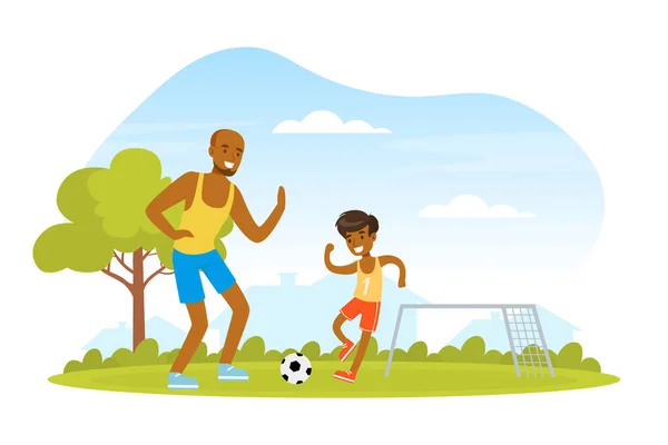 Young Father and His Son Playing Football on Green Lawn Vector Illustration — Stock Vector