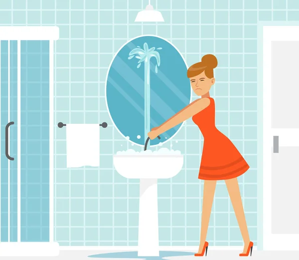 टूटे हुए टैप वाल्व के साथ बाथरूम में महिला को पेशेवर प्लम्बर वेक्टर इलस्ट्रेशन की मदद की आवश्यकता है — स्टॉक वेक्टर