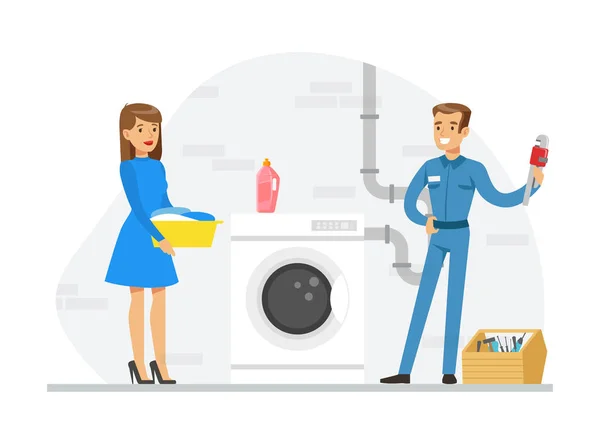 Plumber Profesional di Biru Uniform Fixing Sanitary Ware Vector Illustration - Stok Vektor