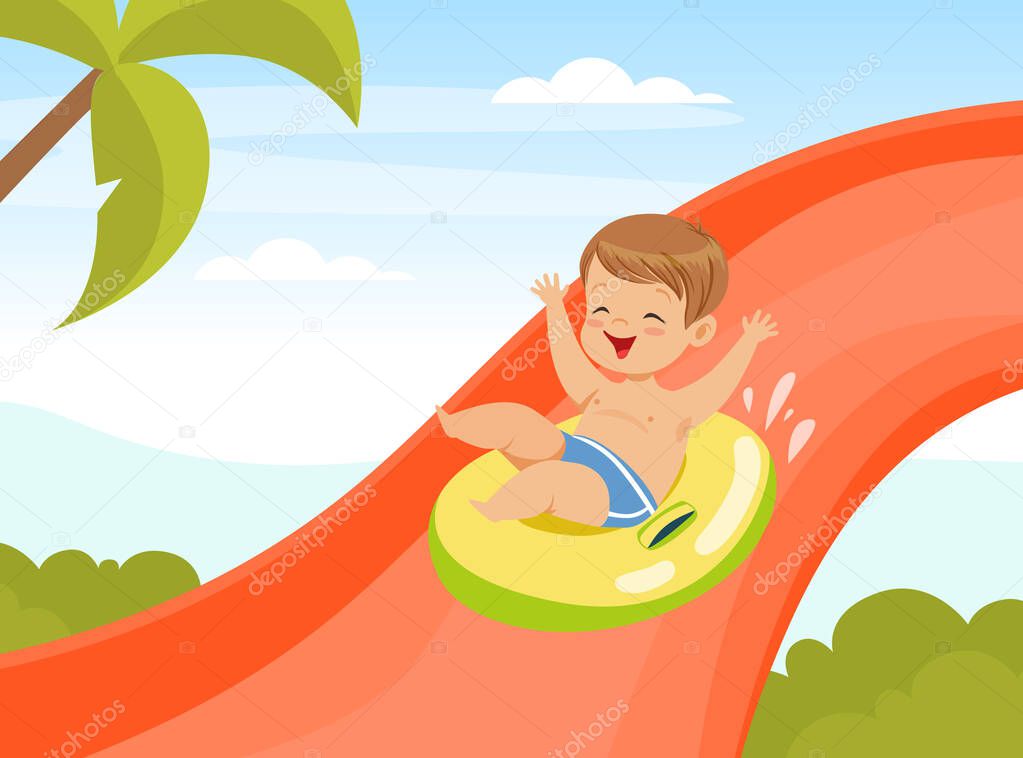 Happy Boy in Swimwear in Water Park Sliding Down on Rubber Ring Enjoying Summer Camp Activity Vector Illustration