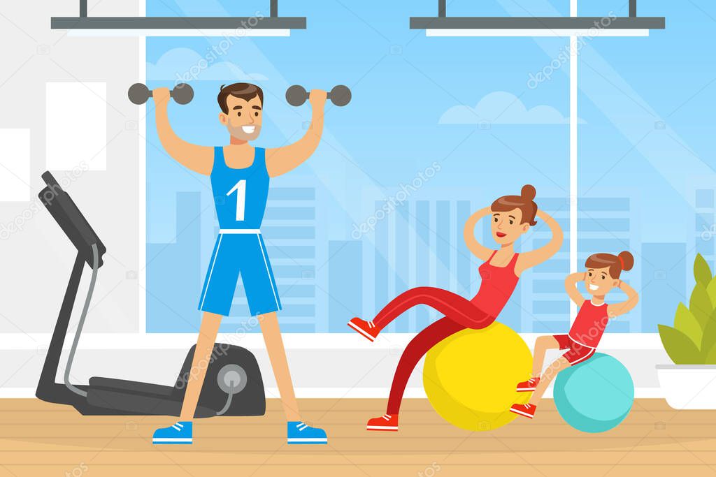 Young Parents and Their Daughter Doing Physical Exercise in Gym with Fitball and Dumbbell Vector Illustration