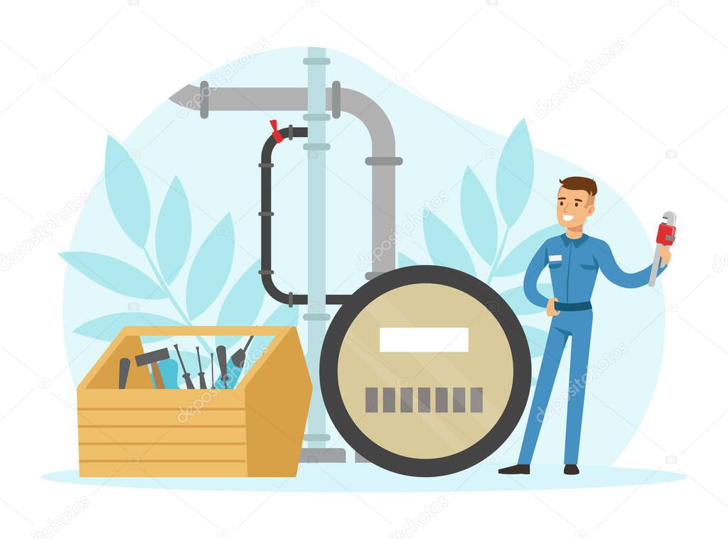 Young Man Plumber Wearing Blue Uniform Fixing Tubes and Pipe Lines Vector Illustration
