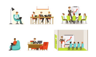 Ofiste ve Ev Seti 'nde Uzaktan Çalışan İş Adamları, Açık Alan Ofisi, İş Toplantısı, Personel Karikatür Vektör İlülasyonu