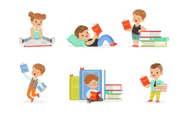 Cute Kids Reading Books Set, Tiny Adorable Boys and Girls Sitting on Stack of Books, Children Enjoying of Reading Literature Cartoon Vector Illustration clipart