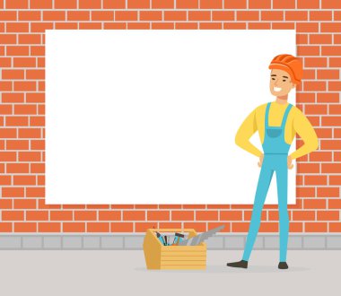 Sert Şapkalı Adam İnşaatçısı Tuğla Duvarın yanında duruyor ve Sandık dolusu Alet Vektör İllüzyonuyla