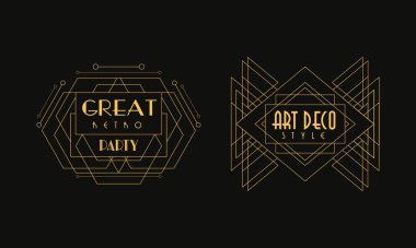 Great Retro Party Art Deco Davetiye Şablonları Set, Lüks Tasarım Davet, Poster, Banner, Flyer, Arka plan Vintage Vector Illustration