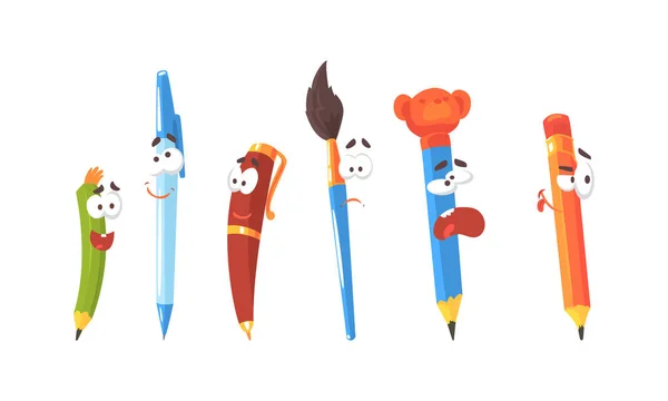 Niedliche Stifte und Bleistifte Characters Collection, emotionale Schulmaterialien mit lustigen Gesichtern Cartoon Vector Illustration — Stockvektor