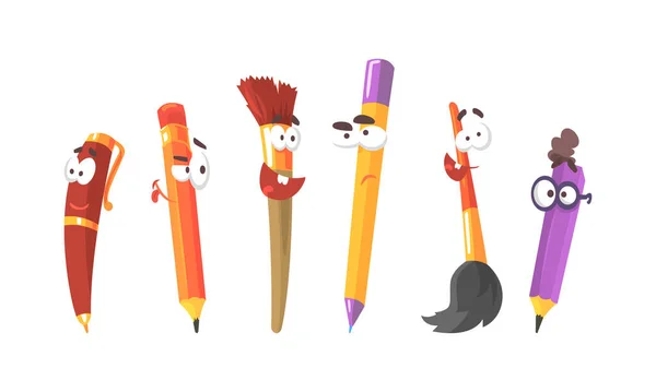 Animált írószer karakterkészlet, aranyos tollak és ceruzák vicces arcok rajzfilm vektor illusztráció — Stock Vector