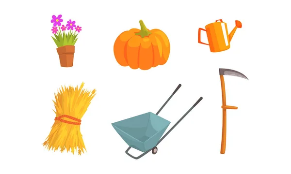 Gardening and Farming Tools Set, Watering Can, Shovel, Flowerpot, Pumpkin, Wheelbarrow Cartoon Vector Illustration — Stock Vector