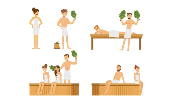 Set de Personas Felices Relajándose en Sauna Caliente Set, Hombres y Mujeres Jóvenes Bañándose con Escoba de Baño Dibujos Animados Vector Ilustración — Archivo Imágenes Vectoriales