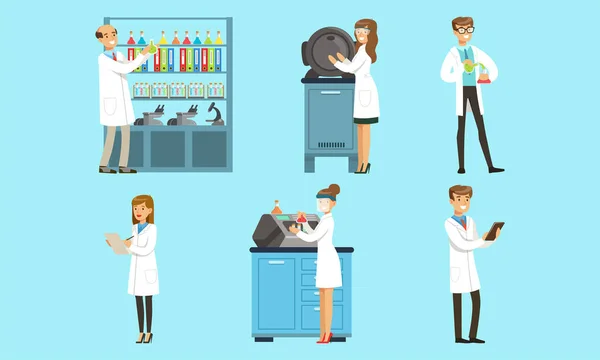 Wetenschappers dragen witte jassen Experimenten doen in Science Laboratory Set, Mannen en vrouwen Chemici Onderzoeken in Chemische Lab Cartoon Vector Illustratie — Stockvector