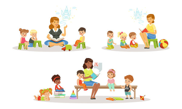 Teacher Reading Book to Kids in Kindergarten Set, Boys and Girls Listening to Fairy Tale in Classroom at Primary School Cartoon Vector Illustration