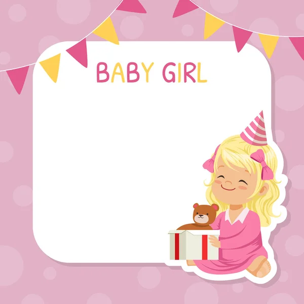 Happy Birthday Festive Card with Blond Girl in Birthday Hat Sitting with Unwrapped Gift Box and Teddy Bear Inside Vector Illustration — Stock Vector