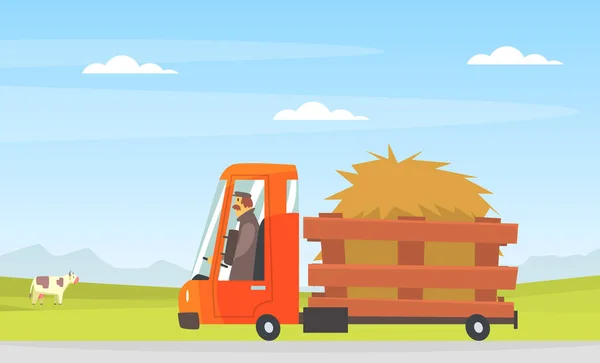 Muž Řidičské Farming Truck s senem Podél krajiny Road Vector Illustration — Stockový vektor
