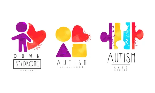 Autisme et syndrome de Down Bright Logo Design Templates Set, Concept de sensibilisation, Kids Center, Organisme caritatif Illustration vectorielle de l'emblème coloré — Image vectorielle