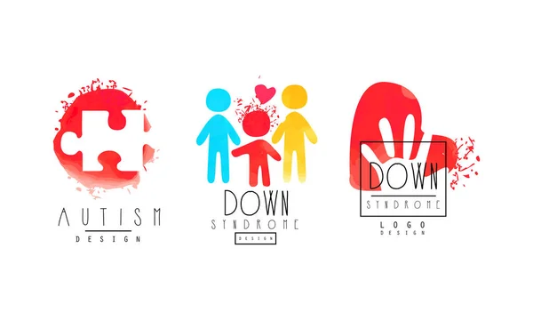 Modèles de logo pour l'autisme et le syndrome de Down Collection, Concept de sensibilisation, Kids Center, Organisme caritatif Illustration vectorielle de badge coloré — Image vectorielle