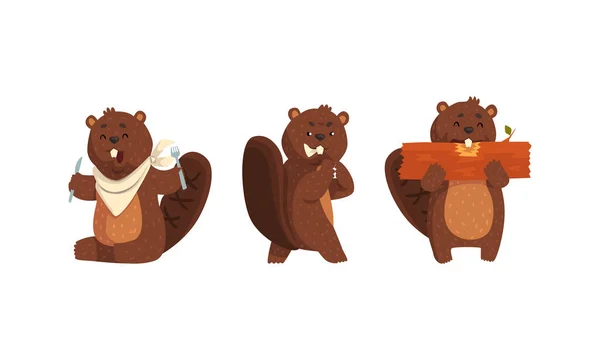 Beaver bonito em conjunto de ações diferentes, engraçado alegre Woodland Animal Character Cartoon Vector Ilustração — Vetor de Stock
