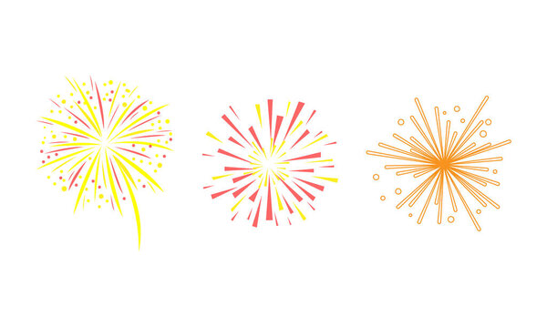 Colorful Fireworks Set, Bright Decoration of Christmas Card, Festive Banner, Happy New Year Celebration, Anniversary, Festival Cartoon Vector Illustration