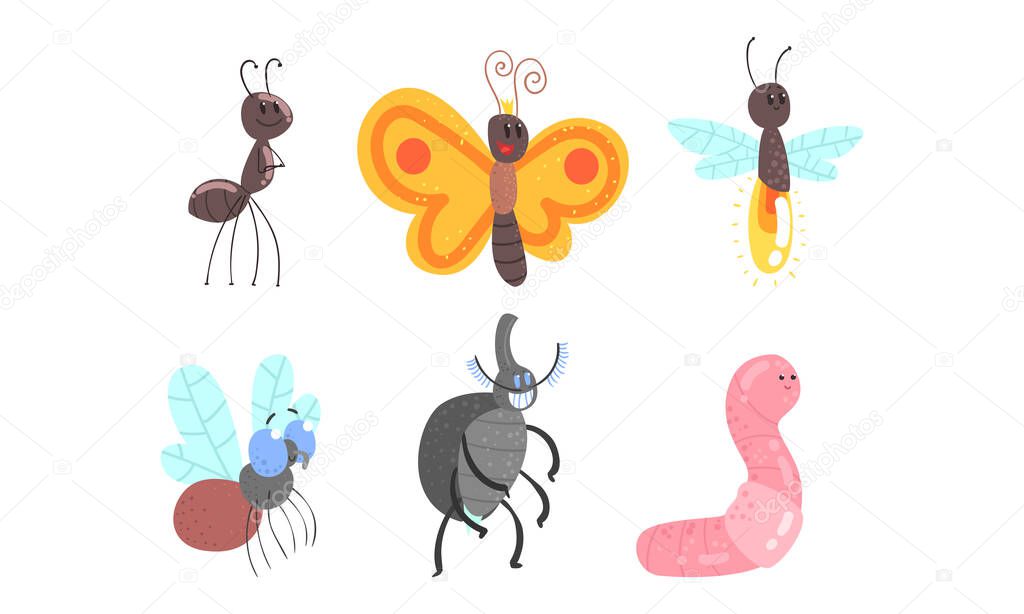 Cute Funny Insects Set, Ant, Butterfly, Firefly, Fly, Earthworm Cartoon Vector Illustration