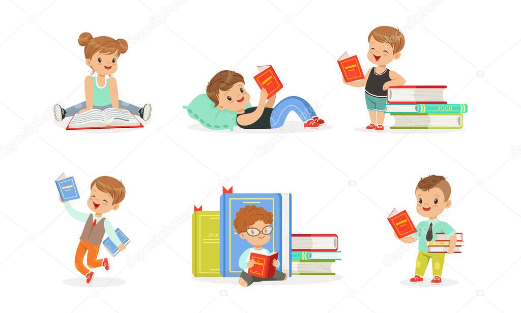 Cute Kids Reading Books Set, Tiny Adorable Boys and Girls Sitting on Stack of Books, Children Enjoying of Reading Literature Cartoon Vector Illustration