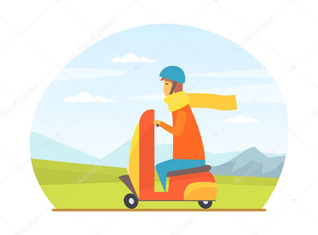 Man in Helmet Driving Scooter Along the City Road Vector Illustration
