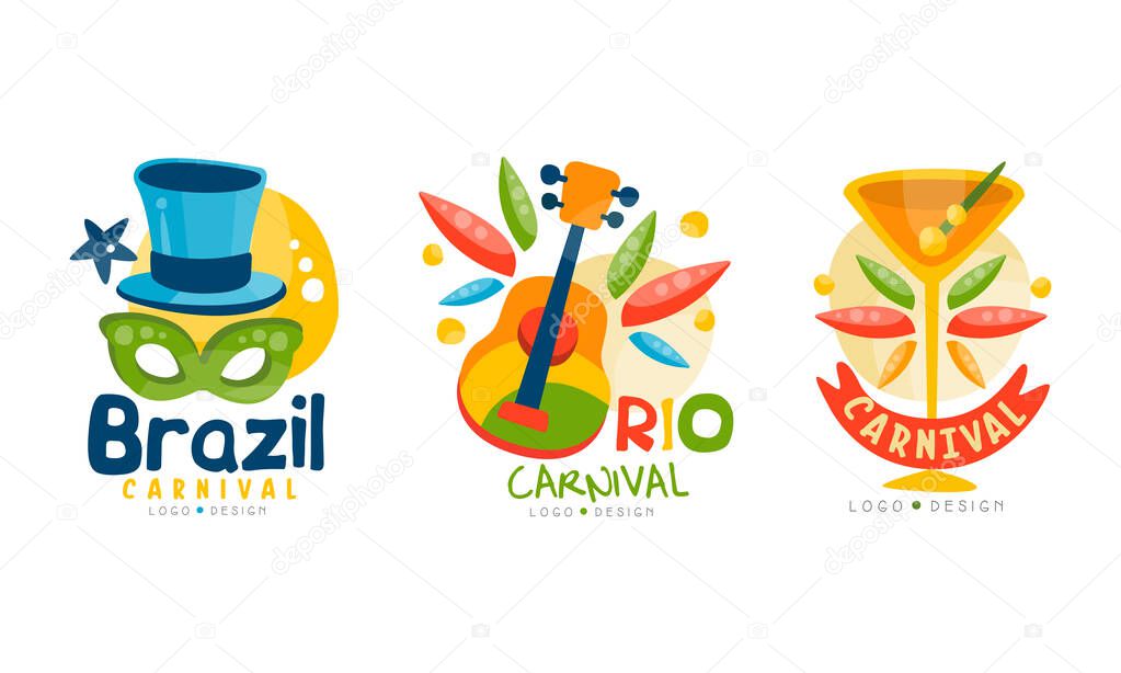 Brazil Carnival Logo Templates Set, Colorful Festival Emblems with Traditional Dance Carnival Show Symbols Cartoon Vector Illustration Isolated on White Background.