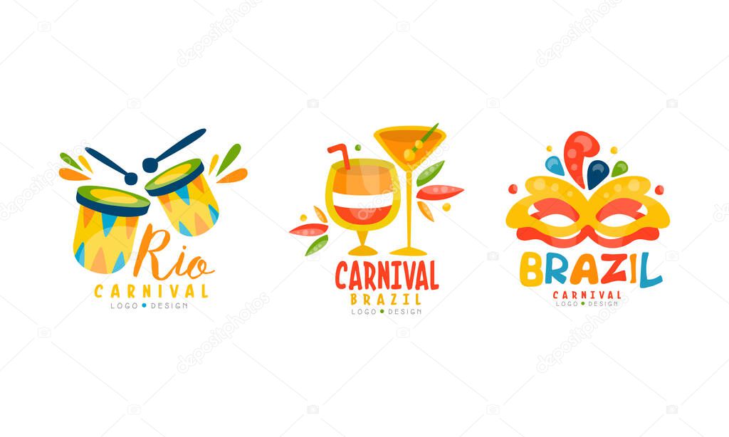 Rio Carnival Logo Design Set, Festival Badges with Traditional Brazil Carnival Symbols Cartoon Vector Illustration Isolated on White Background.