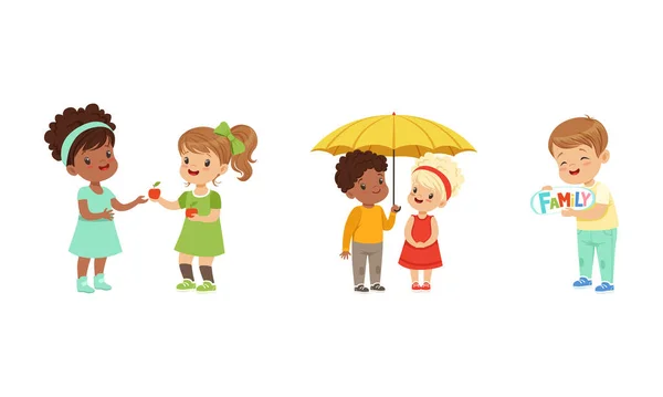 Kind en eerlijk meisje en jongen karakter delen van appel en paraplu met ouder wordende vector illustratie set — Stockvector