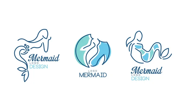 Mermaid Logo Design with Aquatic Creature Having Fish Tail Vector Set — Stock Vector