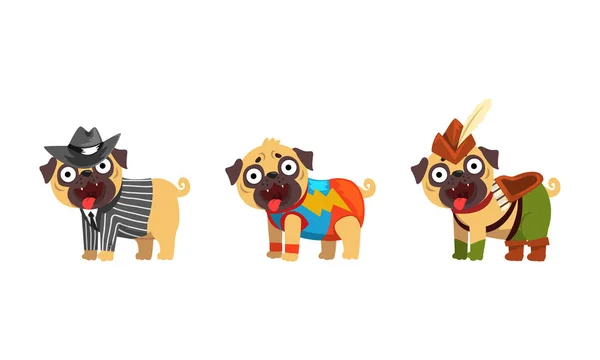 Funny Pug Dog in Colorful Costumes Vector Set — Stock Vector