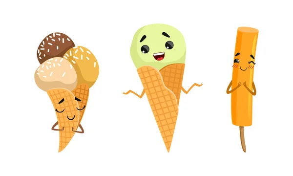 Sweet Ice Cream Characters Winking and Smiling Vector Set — Stock Vector