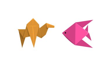 Origami ya da Kağıt Katlama Heykel ve Şekiller Düz Kare Kağıt Vektör Seti Yapımı